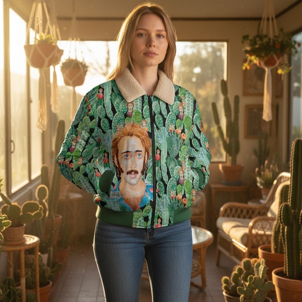 Nicolas Cage Raisng Arizona Cactus Acid Trip Sherpa Fleece-Lined Jacket